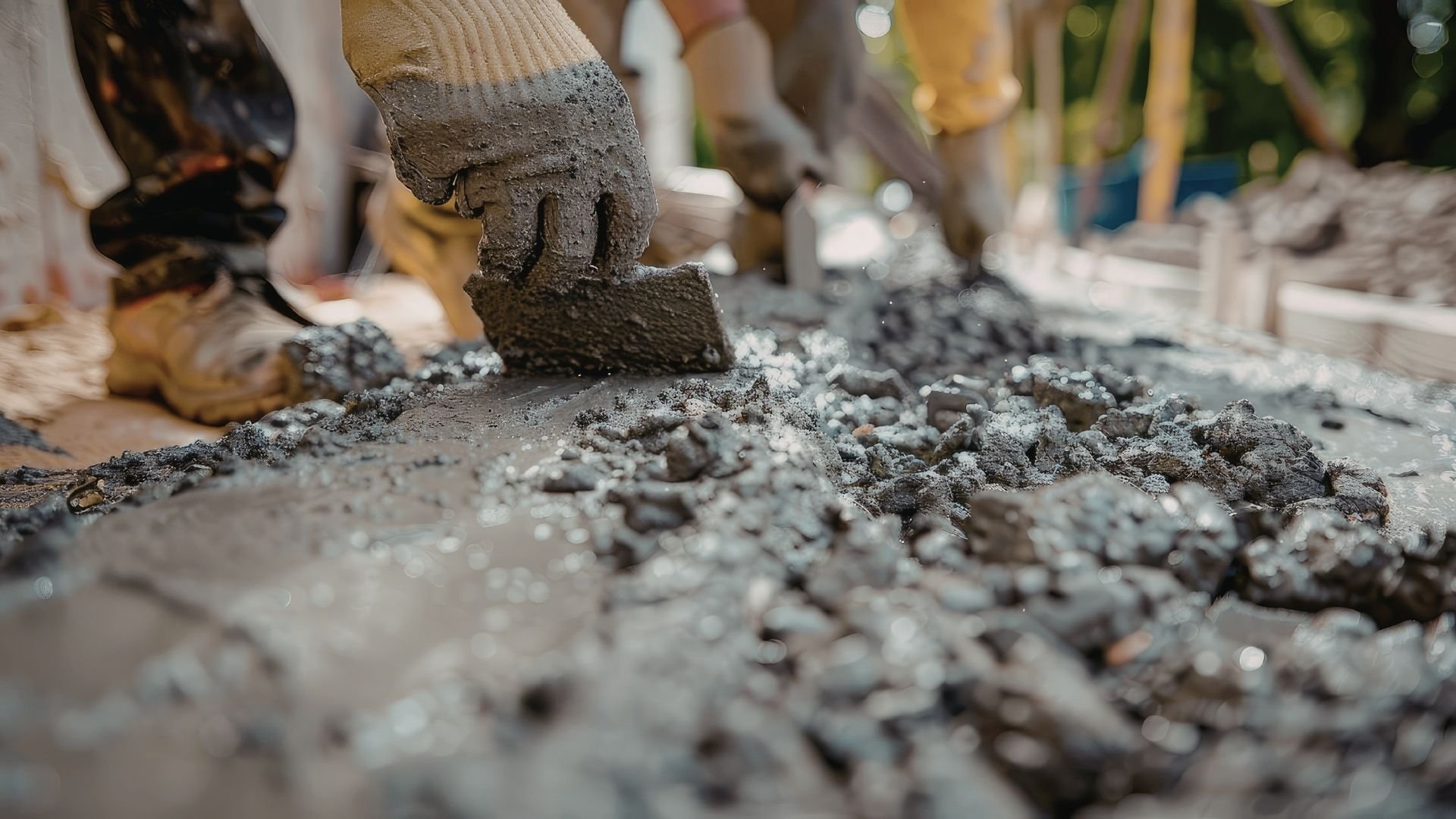 Worker's cement-covered gloved hand spreading concrete dust at construction site